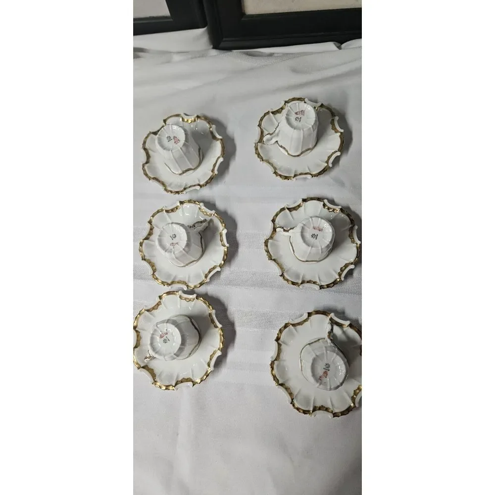 TV Limoges France La Cloche 6 setsTea Cups Saucers Fine‎ China Gold Rimmed